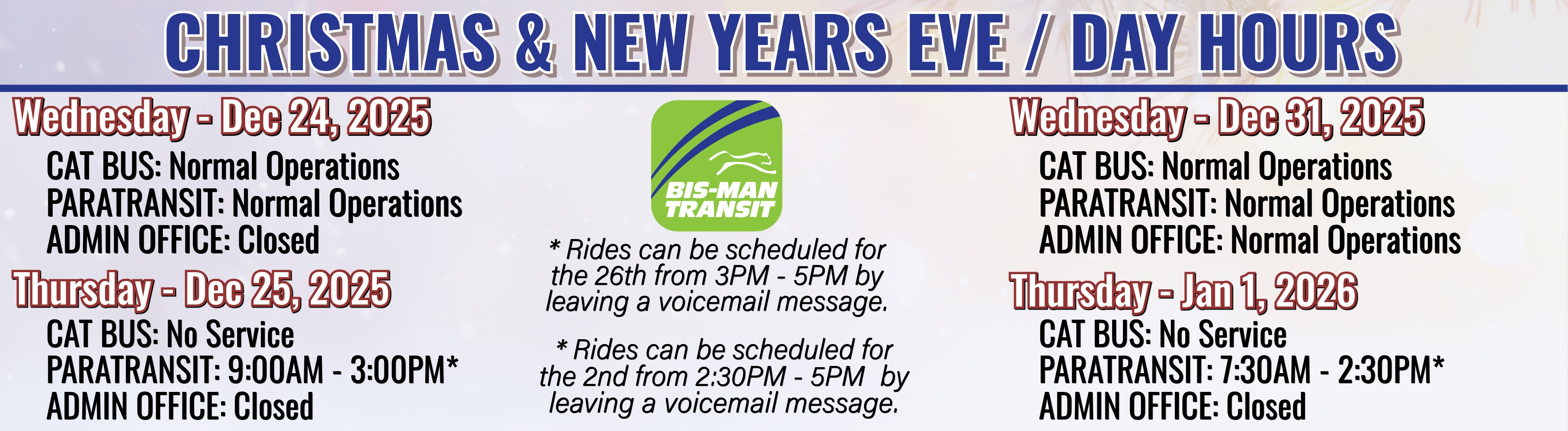 Christmas & New Years Eve/Day Service Hours