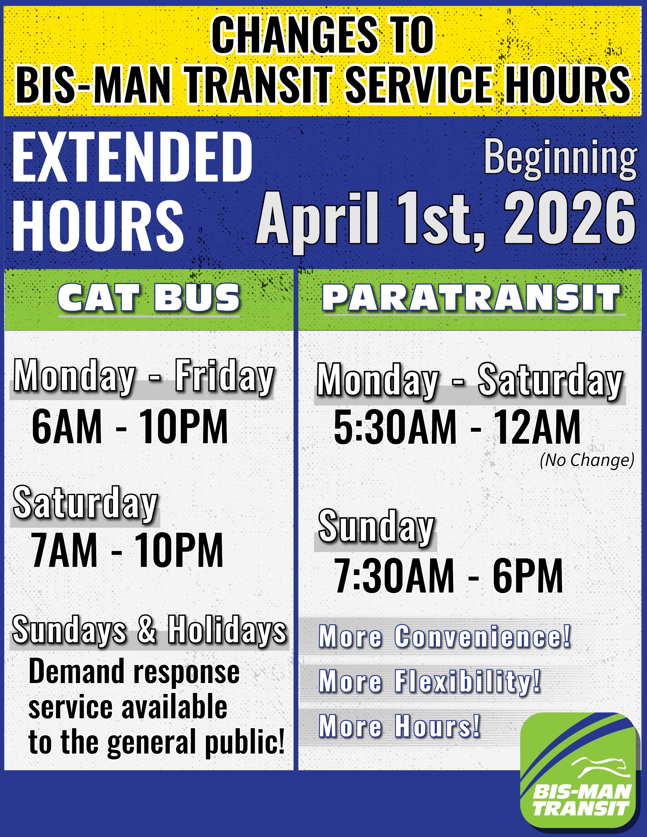 Extended Service Hours begin April 1st, 2026
